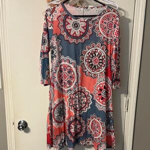 Coral and Navy Medallion Midi Dress - Relaxed Fit